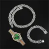 Hip Hop 3pcs Kit Heavy Watch + Prong Cuban Countlace + браслет 13,5 мм Bling Crystal AAA + Cleight out Rhinestones Цепи Мужчины Ювелирные Изделия