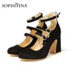 SOPHITINA escarpins femme élégant Excellen daim trois boucles sangle bout rond peu profond haut talon carré robe dame Offcie chaussures PB58 210513