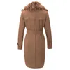 Women's Leather & Faux Giolshon Women Suede Long Jacket Lapel Outwear Trench Coat Cardigan With Detachable Fur Collar XXL