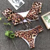 Mutade feminina 2022 Sexy Bikini de leopardo Push up Frill String Brasil Cantura alta Mulheres maiôs de banho de banho Deep V Plus Tamanho Andulação