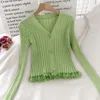 Tröja Kvinnor Höst Vinter Knitwear V-Neck Singel Breasted Lace Stripe Långärmad Vintage Cardigan Koreansk stil 10557 210510