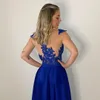 Royal Blue Chiffon PROM Homecoming платья 2022 CAP CAP с короткими рукавами Аппликация Bateau Hollow Back Formate Party платье вечерние платья