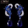 Marchio Design unico Colore argento Lusso Cubic Zircon Drop Stones Orecchini lunghi blu royal per le donne CZ234 210714