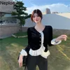 Kvinnors Blusar Skjortor Neploe Vintage Kvinnor Söt Ruffles Velvet V-Neck Flare Sleeve Blusas de Mujer Koreanska Eleganta Svarta Beskurna Toppar