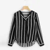 Outono Manga Longa V Pescoço Camisa Irregular Stripe Camisa Mulheres Casuais Tops e Blusas Chemise Femme Camisas Mujer Mulheres Blusas 210527