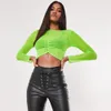 OMSJ Neon Green Transparent Crop Top Långärmad Mesh Se igenom Kvinnor Sexig skjorta Casual Fashion T Streetwear 210517