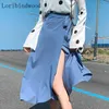 Eleganta Chic Women Lace-up One Piece Solid Kjolar Vintage High Waist Loose Female A-Line Summer Midi 210429
