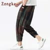 Zongke Lâche Cheville Longueur Pantalon en lin Hommes Joggers Streetwear Harem Pantalon 5XL Hip Hop Printemps 210715