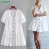 White Lace Dress Woman Plus Size Button Up Dresses Women Summer Short Sleeve Pleated Mini Party Ladies Casual 210430