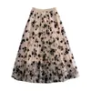 Floral Print High Waist Pleated Long Tulle Skirt Women Summer A-line Tutu Skirts Womens Elegant Black White Blue 210529
