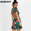 Dames Groen Criss Cross Back Frill Hum Shift Dress Streetwear Shede Flora Print Korte Mouw boven Knie Mini Zomer feestjurk 210702