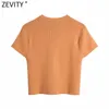 Zevity Women Simply O Neck Short Sleeve Orange Färg Kort Strikkad Tröja Kvinna Chic Diamond Knappar Cardigans Coat Tops SW807 210805