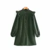 Women Ruffle Decoration Lantern Sleeve Army Green Shirt Dress Female Single Breasted Loose Clothes Casual Lady Vestido D6698 210430