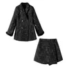 Dames Zwart Tweed Button Bont Blazer Mini Rok Zipper Potlood 2 Twee Stuks Set Pak Elegante Winter Notch Collar T0048 210514