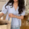 Koreanische Chic Blusas Puff Sleeve Blusen Frauen V-ausschnitt Aushöhlen Häkeln Quaste Patchwork Shirts Sommer Lose Elegante Tops 210519