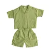 Été enfants couleur unie vêtements amples ensembles garçons filles lin 3 couleurs chemise à manches courtes et shorts 2 pcs ensembles 210326