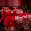 Conjuntos de ropa de cama Highend Gold Phoenix Loong bordado boda china 100 algodón conjunto rojo funda nórdica sábana colcha funda de almohada 6602065