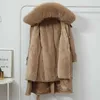 Fitaylor冬の女性のジャケット暖かいフリースのフード付きコート-30度の長い厚さのパーキュラスのサイズ大きな毛皮の襟の積雪211018