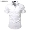 Biały Mężczyzna Bambusowa Sukienka Włókna Koszule Krótki Rękaw Przycisk Przycisk Down Koszula Mężczyźni Non Iron Easy Pielęgnacja Elastyczna Koszula Biznesowa Mężczyzna 210522