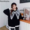 Nomikuma Plus Размер вязаный свитер Женщины контрастные цвет кружева лоскутная лоскутная длинная рукава осень пуловер перемычки шикарные дамы 3D719 210514