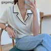 Ribbed Solid Knitted Tshirts For Women French style Turn down Collar Tee Tops Short Sleeve Casual Summer T Shirt 210601