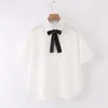 Yeni Yaz Kadın Bluzlar Gömlek Kısa Kollu Katı Beyaz Tops Kravat Yay Ile Japon Kore JK Tarzı Kadın Gömlek Yaka Blusas 210317