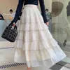 Vintage de haute qualité Elegant en couches de gâteau plissé Jupe femmes élastique haute jupe longue Lady Korean Fashion Wild Maxi Jupe 210619