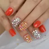 False Nails Light Red 3D Rhinestone Acrylic Short Shiny Round Fake Nail Tips Full Cover Shining Designed Prud22