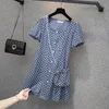 Casual Dresses EHQAXIN Summer Women's Dress Fashion Square Collar Single-Breasted Short-Sleeved With The Same Knitted Chain Bag M-4XL