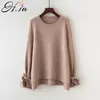 HSA Women Korean Sweaters Fashion Pull Jumpers Oneck Flare Sleeve Knitwear Irregular Loose Bow Cute Solid Pullover Tops 210430