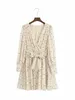 Yimunancy Dot robe en mousseline de soie femmes à manches longues Boho robe automne dames col en V Bow robe élégante Robes Y0603