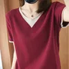 Sommar Koreansk Casual Loose V-Neck T-shirts för Kvinnor Bomull Tunna stickade Kortärmad Blus Pullover Ladies Toppar 13680 210521