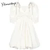 Yitimuceng Zipper Dresses Women A-Line Mini Solid White Summer Puff Sleeve V-Neck Short Sleeve Zipper Clothes Office Lady 210601