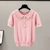 Preppy Style Lalki Kołnierz Krótki Rękaw Dzianiny Topy Kobiety Słodki Kontrast Kolor Knitwear Koszulka Koreański Moda Pullover Tees 210522