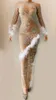 Party Decoration P1 Female Ehinestones Evening Dress See Through Sexy Hip Skirt Feather Crystal Outfit Mesh Perspective Host Birthday Wear
