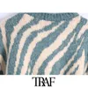 TRAF Women Fashion Jacquard Animal Print Loose Crop Knit Sweater Vintage O Neck Long Sleeve Female Pullovers Chic Tops 211011