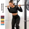 Kvinnor sömlösa gym sätter höga midja mesh leggings skjortor kostym långärmad fitness träning sport springande tunn sport 211105