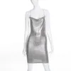 Mulheres Y2K E-Girl Sexy Glitter Prata Mini Vestido Moda Espaguete Strap Backless Bodycon Nightclub Party Verão 210517