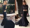 Sparkly Black Two Piece Mermaid Prom Dresses Sexy Keyhole Back Beaded High Neck Long Sleeve Yougn Girls Formal Evening Gowns Special Occasion Dress