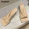 Buty letnie dla kobiet PU Peep Toe Cienkie obcasy Kapcie Moda Płytkie zwięzłe Wypoczynek Przewrócił krawędź Party Solid 210507