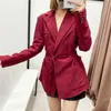 Za Cut Out Long Blazer Women Vintage Shoulders Pads Ruched Red Office Lady Blazers Coat Woman Self Tie Summer Outerwear Top 210602