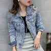 LLZACOOSH Jacket Women Autumn Hand Rivet pearl Denim Jacket Loose Outwear Female Students Casual Short Jeans Coats 210514