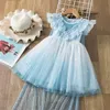 Meisje sterrenhemel jurk pailletten kant blauwe sundress mouwloze prinses klok kan babykleding e81203 210610 verwijderen