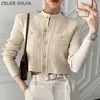 Chic Blue Knitted Cardigan Woman Gold Button Vintage Sweater Female Single-breasted Business Cropped Tops 211018