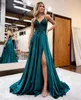 Tamanho sexy mais azul real verde de cetim A-line vestido de baile alta fenda lateral vestidos de festas longos vestidos de noite de miçangas longas