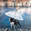 텔레스코픽 핸들 걷는 걷는 나무 가죽 끈으로 투명 한 애완 동물 우산, 우산 방수 고양이 PET 제품 210729