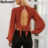 BeAvant Sexy dos nu tricoté blouse chemise femmes lanterne à manches longues haut court femme Streetwear automne hiver chemise hauts 210709