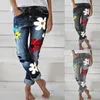 Women Floral Jeans High Waist Flower Print Trousers with Pockets Casual Bottoms Straight Denim Jeans Cargo Pants Women 210515