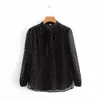 Automne mode boutonné en mousseline de soie chemise Vintage Blouse femmes noir et doré fil de soie dame manches longues femme chemise ample 210520
