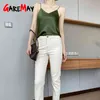 Satin White Tank Top Mulheres Sem Mangas Colete Summer Halter Spaghetti Strap Feminino Elegante V Pescoço Básico Camisole 210428